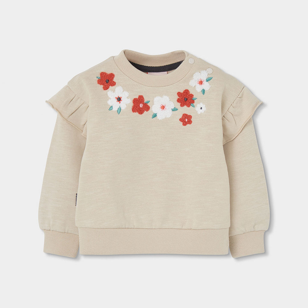 Sudadera felpa niña beige bordado flores