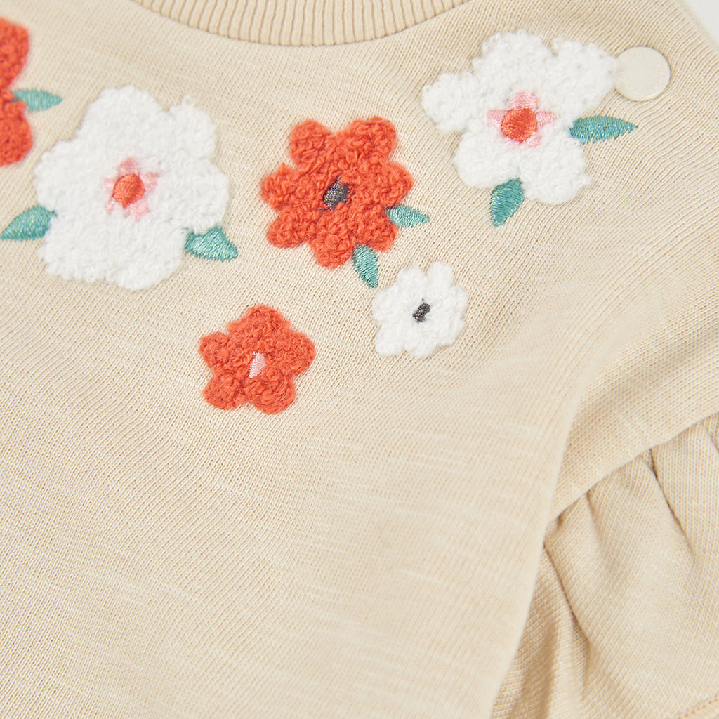 Sudadera felpa niña beige bordado flores