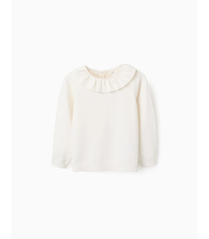 Jersey de Punto Fino con Volantes para Niña, Blanco