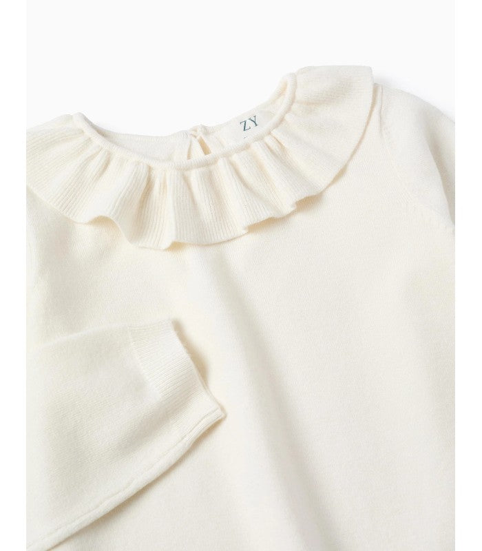 Jersey de Punto Fino con Volantes para Niña, Blanco
