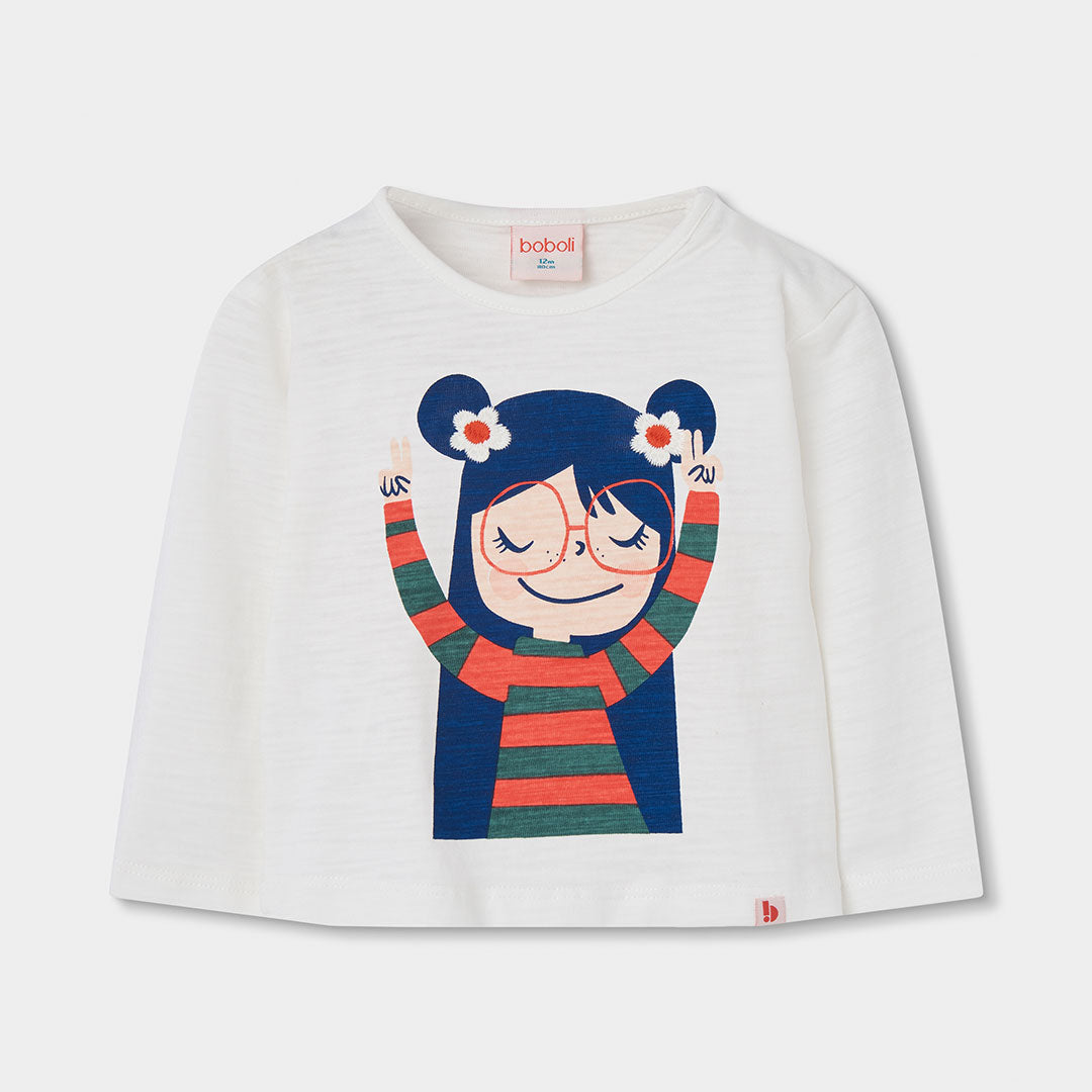 Camiseta punto niña blanca estampado muñeca con gafas