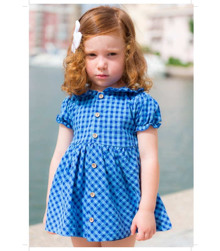 Blue checkered dress with bloomers for baby girl