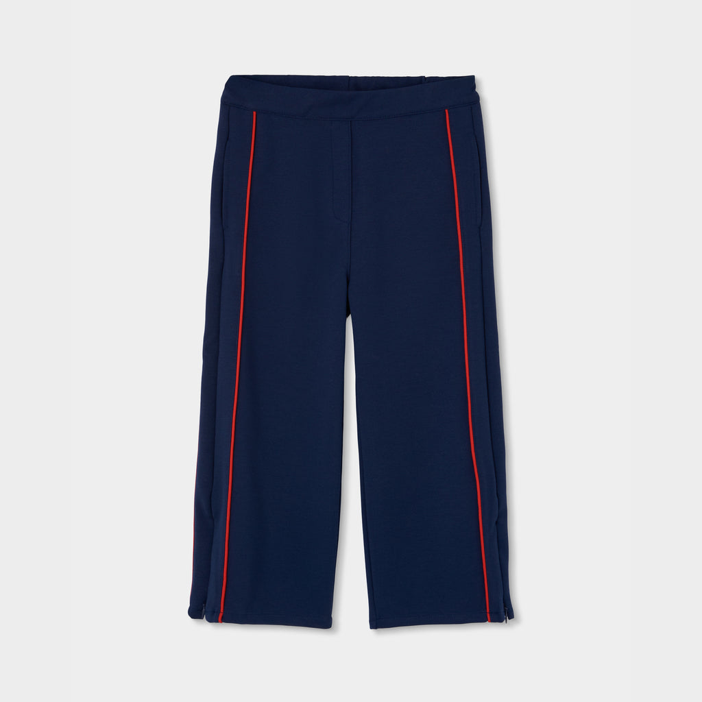 Pantalón niña azul marino con franja roja lateral wide leg