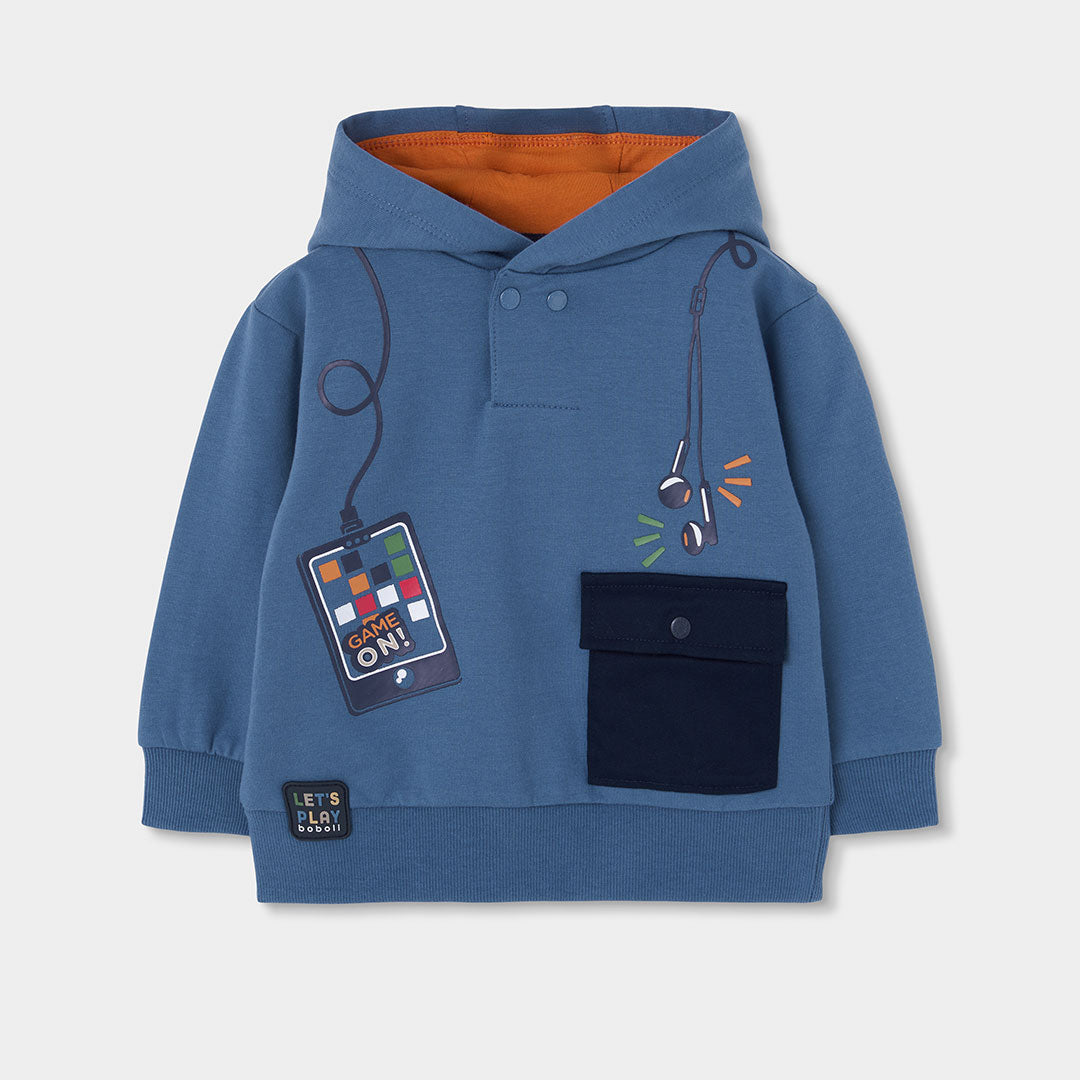 Sudadera felpa niño azul con capucha estampado gaming