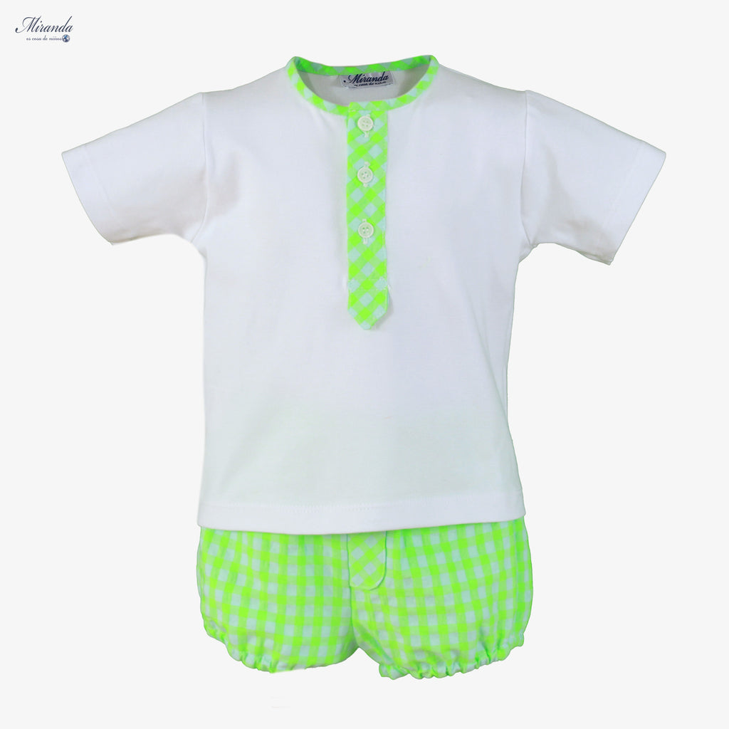 Conjunto  de camiseta y short vichy verde flúor para bebé niño
