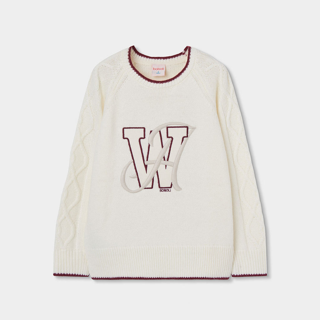 Jersey blanco de punto para niño con letras bordadas