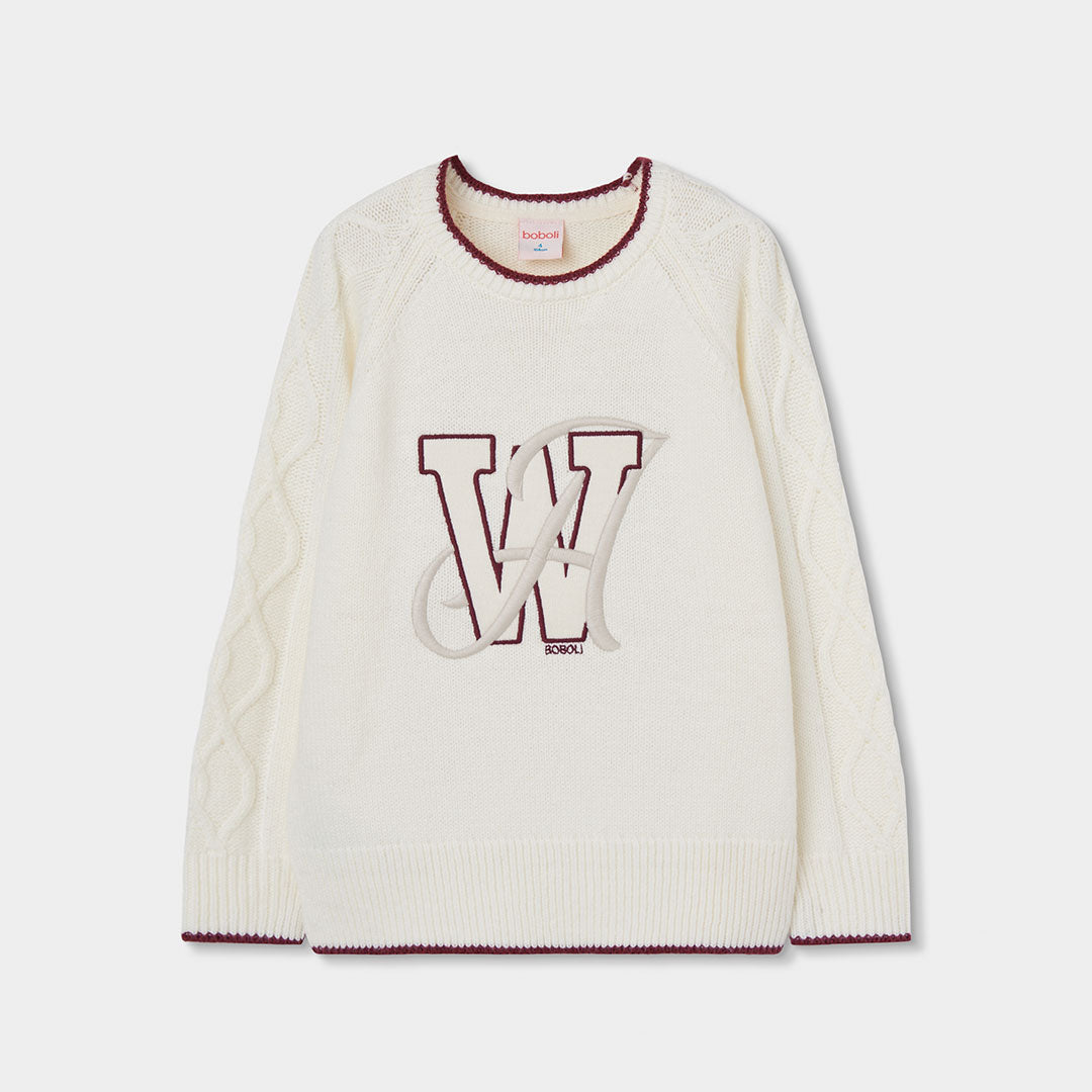 Jersey blanco de punto para niño con letras bordadas