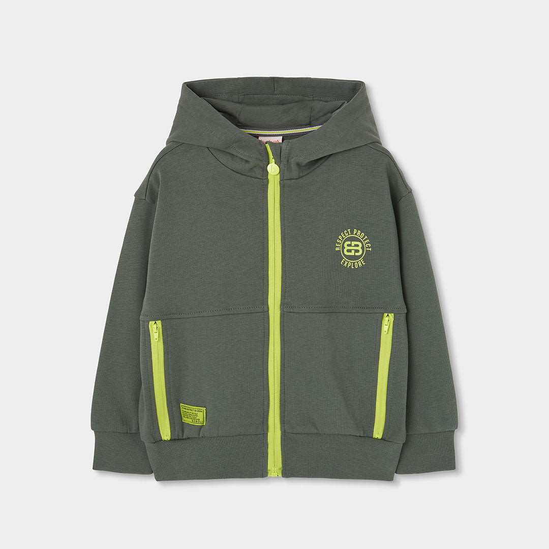 Chaqueta felpa en color verde con capucha para niño