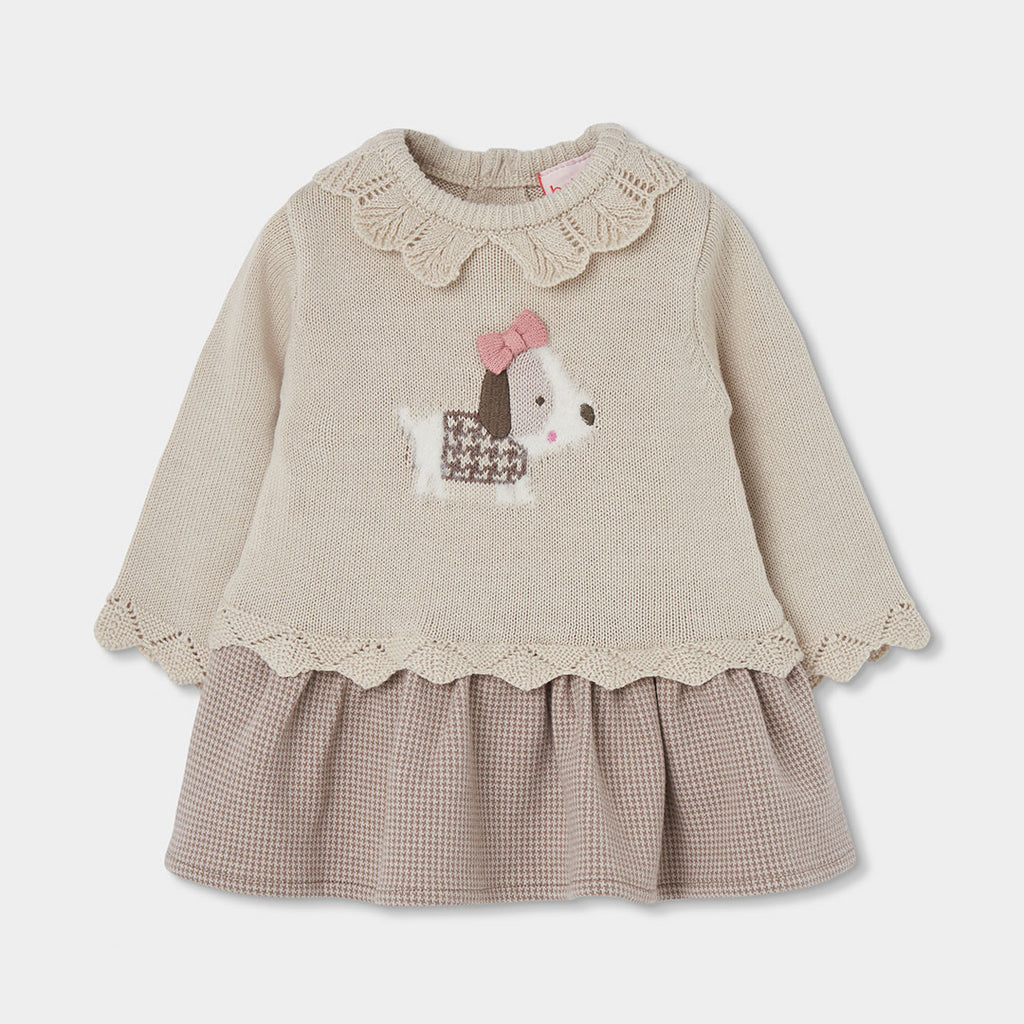 Vestido beige con bordado de perrito para bebé niña
