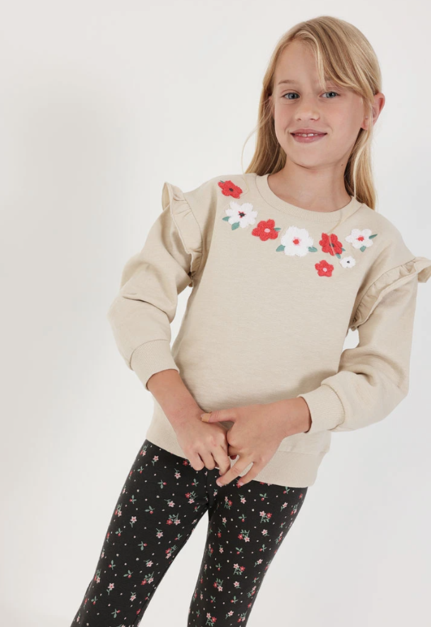 Sudadera felpa niña beige bordado flores