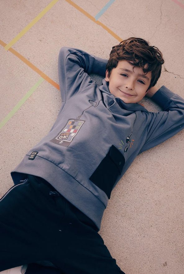 Sudadera felpa niño azul con capucha estampado gaming