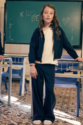 Pantalón niña azul marino con franja roja lateral wide leg